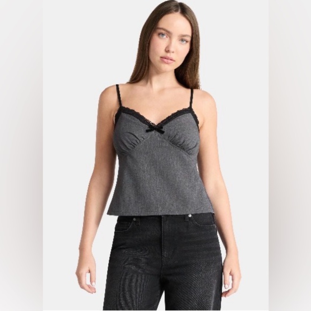 New! No Boundaries Grey Sweetheart Tank Top with Black Lace Trim XXL (20)